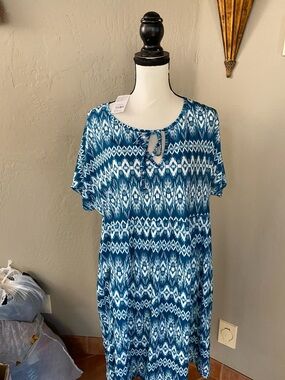 Suzanne Betro Teal and White Ikat Maxi Dress